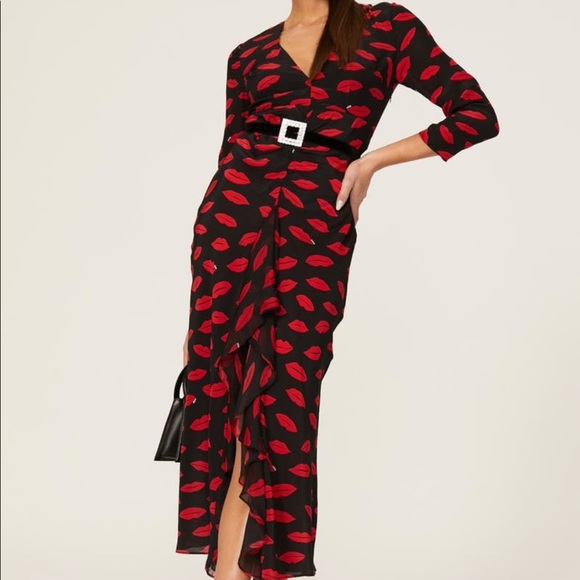 Rixo Rose Lip Print V-Neck Long Sleeve Open Back Ruffle Front Silk Midi Dress L - Picture 2 of 13